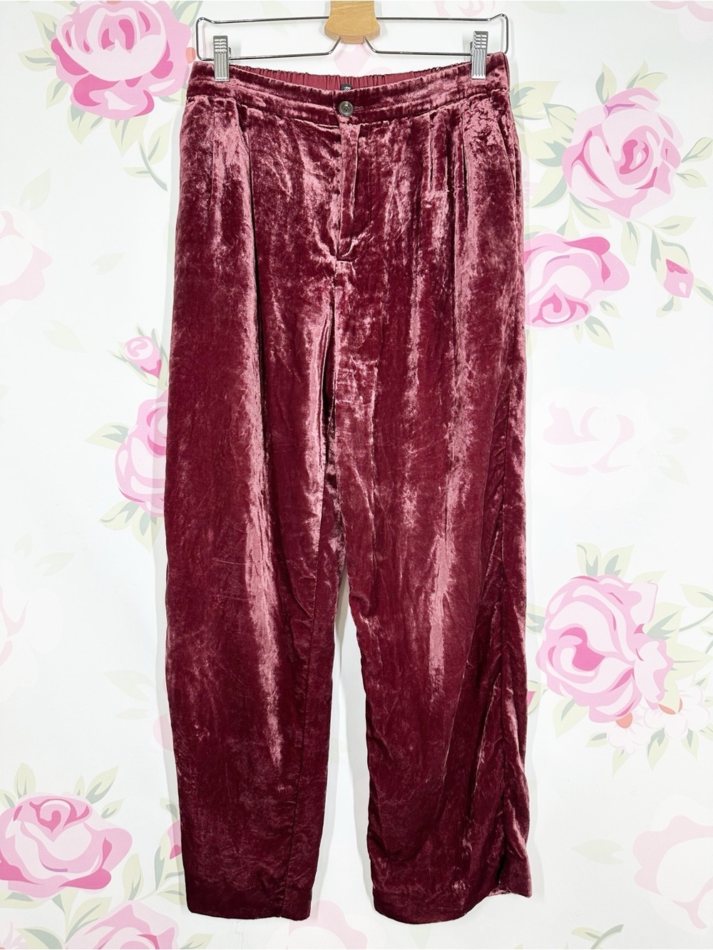 Madewell Women's Crushed Velvet Pants Burgundy Wine Red Straight Leg Trousers M